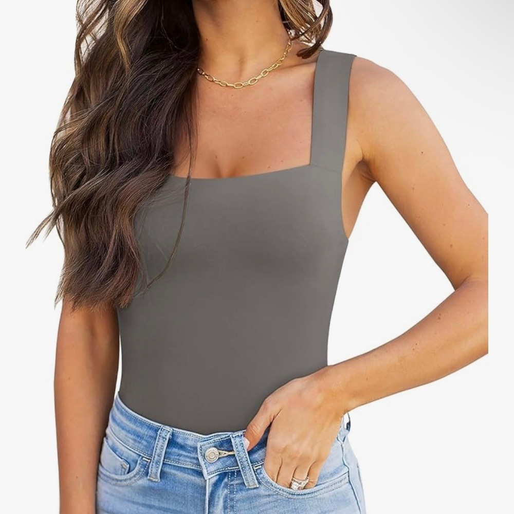 REORIA‎ Butsmooth Women's Deep Grey Green Basic Square Neck Tank Top Bodysuit XL